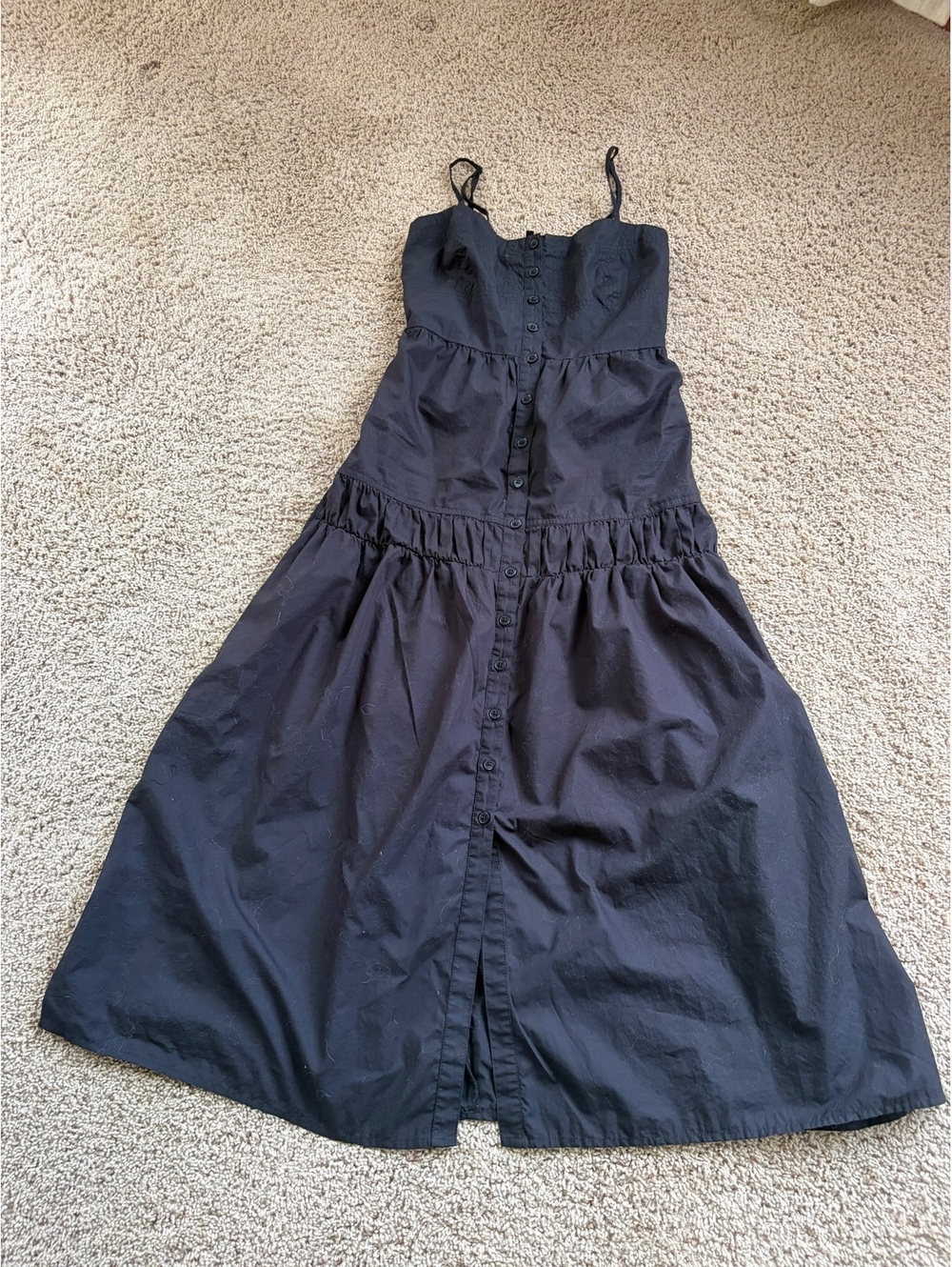 Quince black cotton poplin midi dress XS fitted bodice spaghetti straps